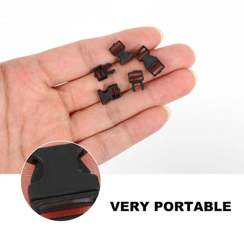 Hand holding mini 6mm plastic snap buckles for doll bags and webbing, quick release fasteners, 0.24 inch inner diameter, 20 pieces.