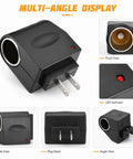 Pretty Slick AC To DC Car Adapter Turns Home Outlet Into 12V Cigarette Lighter Jack With Glowing LED Beacon Compact Portable Power Supply Fits Glove Box Sweet For Road Trips And Daily Commutes, showing various angles and LED indicator.