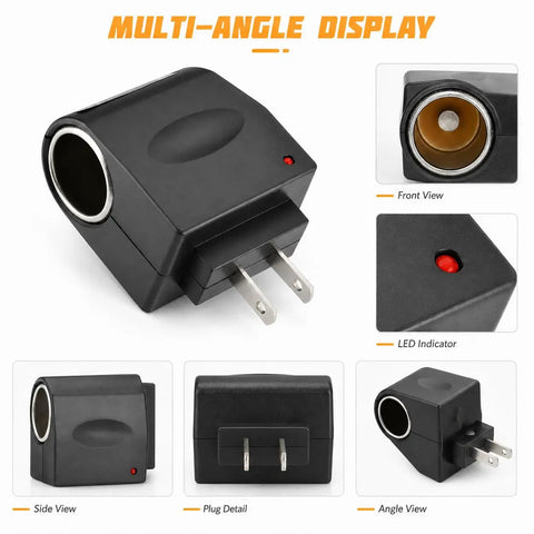 Pretty Slick AC To DC Car Adapter Turns Home Outlet Into 12V Cigarette Lighter Jack With Glowing LED Beacon Compact Portable Power Supply Fits Glove Box Sweet For Road Trips And Daily Commutes, showing various angles and LED indicator.