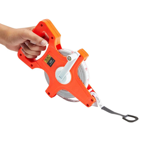Retractable Open Reel Tape Measure 30 Meter Long Jump Track And Field Tool with orange frame and hand crank