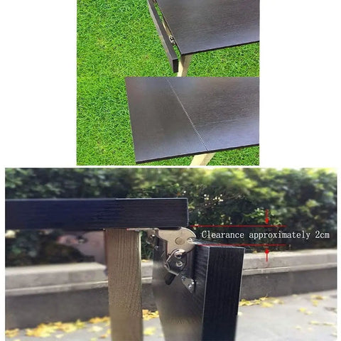 No Sweat Heavy Duty Foldable Support Brackets With Self Locking Hinges For DIY Workbenches And Furniture Legs Black Corner Braces on picnic table.