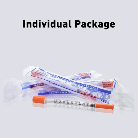 Individual package of 1cc 30G Syringe With Five Sixteenth Inch Needle, Individually Wrapped Pack Of 20 For Medical Use