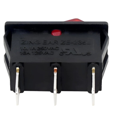 Back view of Lighted Rocker Switch On Off 16A 125V SPST Snap In 3 Prong showing terminals for appliances and range hoods.