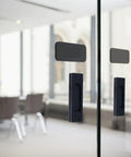 4 Pack Black Recessed Sliding Barn Door Pull Handles on glass door, flush finger pull with aluminum alloy construction, 5 inch length.