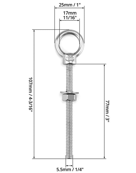 Stainless Steel Eye Bolts Heavy Duty 25 Pack 1/4 By 3 Inch Marine Grade Threaded Eyebolts with Nuts and Washers for lifting, rigging