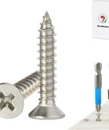Pro Grade Heavy Duty Wood Screws In A Rock Solid 120 Piece Pack Of Rustproof 304 Stainless Steel Flat Head Phillips Fasteners with a close-up of screws.