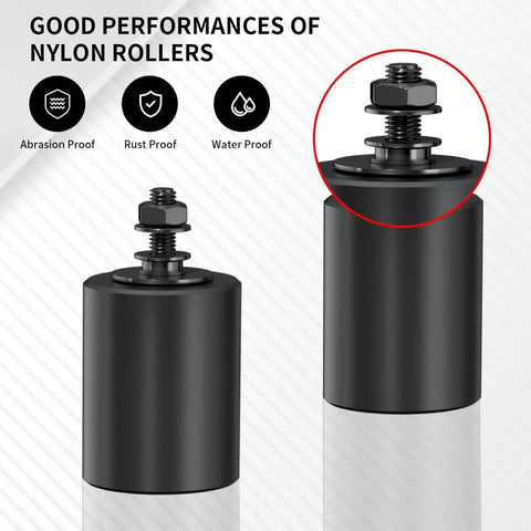 2 Inch Black Heavy Duty Beefy Sliding Gate Rollers Set 2 Pack With L Rear Post Bracket, shown with nylon roller features.