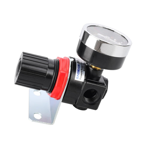 Air Pressure Regulator For Pneumatic Tools One Quarter Inch PT 0 To 150 Psi With Pressure Gauge And Mounting Bracket Side View