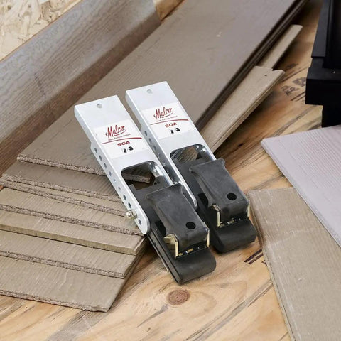 Adjustable Siding Gauge For 4 To 8 Inch Heights With Five Sixteenths To Five Eighths Inch Clamp Non Marring Ergonomic Lap Siding Tool For Pros Fits Primed Materials 2 Pack Easy Read Measurements shown on wooden surface with siding.