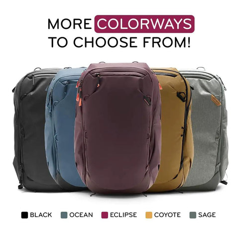 Five Go To Travel Backpack 45L Expandable From 35L To 45L with Weatherproof Shell in assorted colorways: black, ocean, eclipse, coyote, sage.