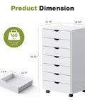 Seven Drawer Rolling Storage Cabinet With Smooth Gliding Casters, Compact White Wood Organizer dimensions and weight details.