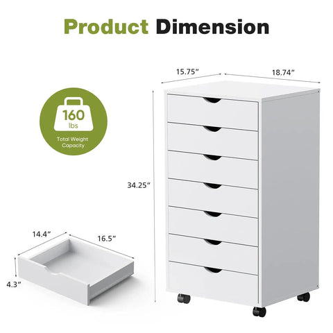 Seven Drawer Rolling Storage Cabinet With Smooth Gliding Casters, Compact White Wood Organizer dimensions and weight details.
