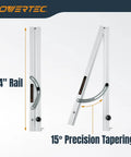 Pro Grade Table Saw Tapering Jig With 24 Inch Aluminum Rails Laser Etched Scale and 15 Degree Angle Cut Guide displayed on table.