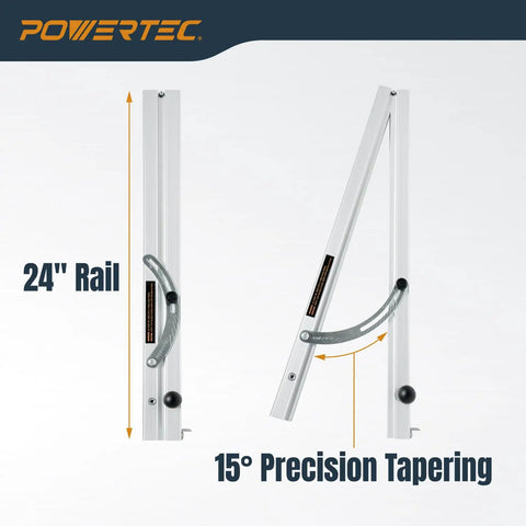 Pro Grade Table Saw Tapering Jig With 24 Inch Aluminum Rails Laser Etched Scale and 15 Degree Angle Cut Guide displayed on table.