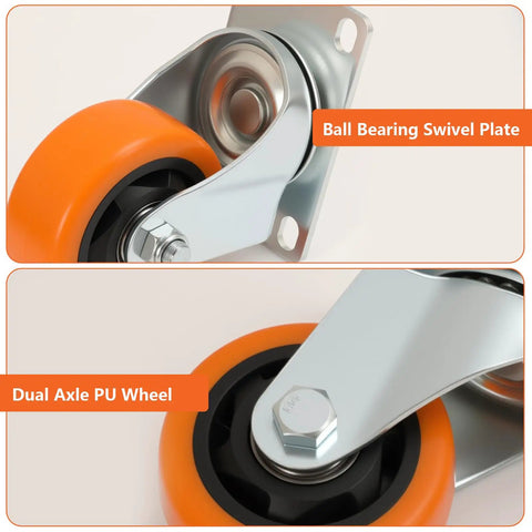 Close-up of ball bearing swivel plate and dual axle design on 3 Inch PU Swivel Caster Wheels Set Of 4 With Screws For Utility Carts