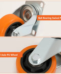 Built Tough Heavy Duty Three Inch Caster Set Of Four With Twin Straight Front Runners Paired With Nimble Rear Swivel Hubs Wrapped In Bright Orange Polyurethane showing ball bearing swivel plate and dual axle PU wheel.