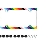 Pride Flag License Plate Frame For Cars Stainless Steel, Tough, Scratch-Resistant And Noise-Free, Fits US And Canada Standard 4-Hole Mount, Includes Screws, LGBTQ Auto Decor For Men And Women, showing colorful diagonal stripe design and mounting screws.