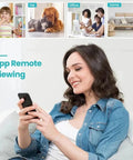 Woman using app for Compact Indoor Outdoor Wireless Security Camera With HD Night Vision And Cloud SD Storage, Motion Detection.