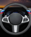 BMW Nappa Leather Steering Wheel Cover Slim Fit With Three Color Stripe Design installed on car steering wheel