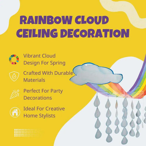 Rainbow Cloud And Raindrops Ceiling Hangers, 12 Ft Long By 32 In Wide, Colorful Paper Party Decor For Classrooms
