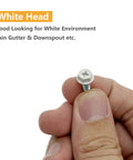 Built Tough Self Tapping Gutter Screws With White Painted Hex Heads And Corrosion Resistant Zinc Plating For No Sweat Downspout Repairs Comes With A Handy Quarter Inch Magnetic Bit In A Rock Solid Hundred Piece Pack, held in hand.