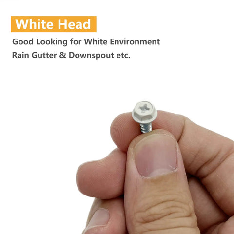 Built Tough Self Tapping Gutter Screws With White Painted Hex Heads And Corrosion Resistant Zinc Plating For No Sweat Downspout Repairs Comes With A Handy Quarter Inch Magnetic Bit In A Rock Solid Hundred Piece Pack, held in hand.