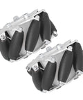 Angled view of two 60mm aluminum omni-wheel modules with eight rubber rollers and mounting brackets.
