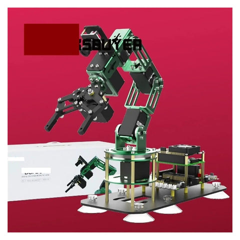 6DOF Robot Arm Kit With AI Visual Recognition Board For Raspberry Pi 4B 4G 8G Rad For Makers And Coders Learn Coding Hands On Projects Self Learning Drawing Imitation And Creative Automation, black and green metal robot arm