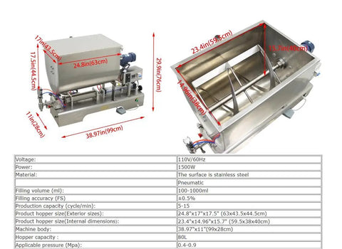 Heavy Duty 100 To 1000 ML Paste Filling Mixing Machine With Horizontal Heating Hopper And Pneumatic Liquid Filler side and top view.