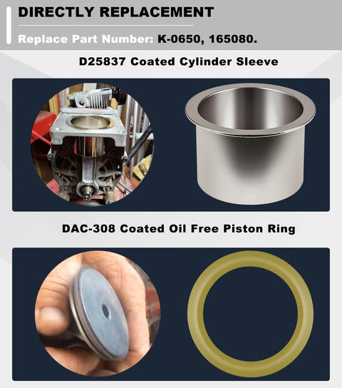 Oil Free Air Compressor Rebuild Kit With Cylinder Sleeve And Compression Ring For Craftsman DeVilbiss Porter Cable DeWalt Units.