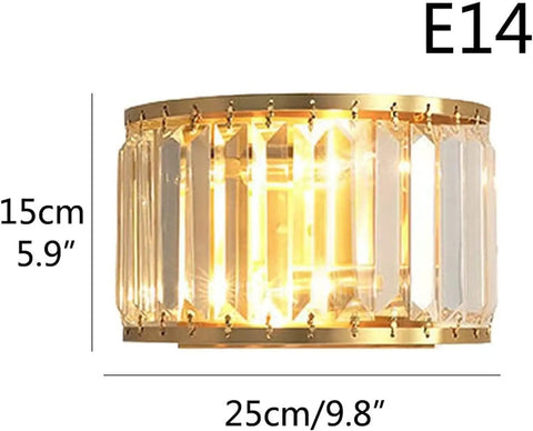 BUNCC Modern Minimalist Metal Wall Sconce, E14 LED Crystal Indoor Wall Light Fixture, 15cm x 25cm size with gold frame.