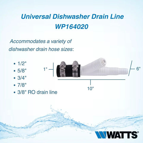 Universal Dishwasher Drain Line To Garbage Disposal Adapter Kit features hose sizes and clamps, fitting various drains.