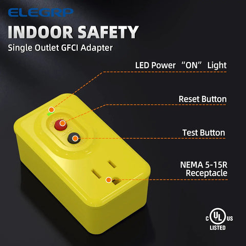 Manual Reset GFCI Outlet Adapter For Indoor Use, 15 Amp Grounded 3-Prong Socket, UL Listed, Yellow, 1 Pack shown with labels