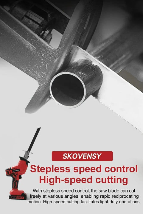 Cordless Reciprocating Saw Kit With Two 2.0Ah Batteries, Variable Speed, Red Compact Saw cutting through metal pipe
