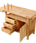 Beefy 50 Inch Rubber Wood Workbench with 450 Lb Capacity, 3 drawers, 1 cabinet, and open shelf, heavy duty woodworking bench
