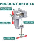 Portable Mini Bench Vice With Adjustable Table Clamp Vise For Precision Fixes Slick Aluminum Body Heavy Duty Jaw Grip Sizing From One To Twenty Two Millimeters showing max clamping width 22mm and fixing thickness 35mm.