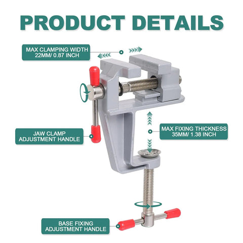 Portable Mini Bench Vice With Adjustable Table Clamp Vise For Precision Fixes Slick Aluminum Body Heavy Duty Jaw Grip Sizing From One To Twenty Two Millimeters showing max clamping width 22mm and fixing thickness 35mm.