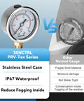 Front view of SENCTRL 0-15 psi gauge, 2-inch dial, 1/4 NPT lower mount, stainless steel case, waterproof.
