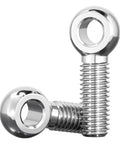 Close-up of Ten Pack M6 X 25mm Eyebolts In 304 Stainless Steel, built tough heavy duty lifting eyebolts for rigging and pipe valves.