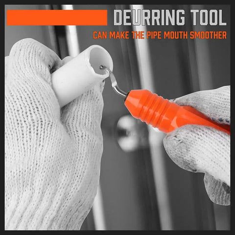 Deburring tool in use with gloves on a PVC pipe, part of 2-1/2 Inch Ratchet PVC Pipe Cutter For PEX PVC PPR And Plastic Hoses.