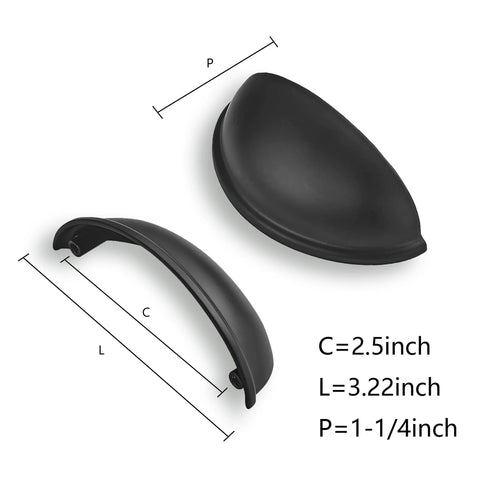 Dimensions diagram of Matte Black Cabinet Cup Pulls Two And A Half Inch Center To Center Pack Of 10 Durable Metal Drawer Handles