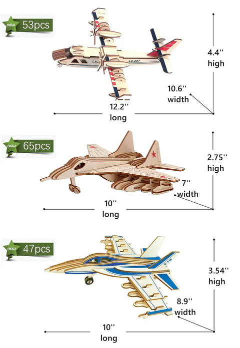 Top view of Six Piece Aircraft And Helicopter Wood Puzzle Set For STEM DIY Fans, showing plane model dimensions.