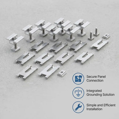 Heavy Duty Solar Panel Mid Clamp Fastener For PV Mounting System 8 Piece Set Anodized Aluminum components on grey surface.