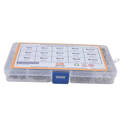 Hefty 304 Stainless Steel Hex Socket Cap Screw Nut Kit With Internal Hex Drive To Resist Stripping For Electronics and Precision Instruments in organized box.