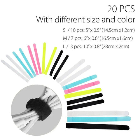 Twenty Pack Reusable Cable Organizer Ties For Earbuds Headphones Chargers And Cables 3 Sizes Assorted Colors Set No Fuss Quick Fasten Minimal Tangle