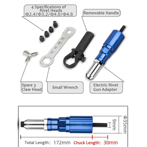 Beast Pro Grade Cordless Electric Rivet Gun Adapter Kit with removable handle, 3 claw head, and rivet heads shown.