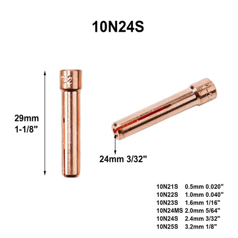 Copper collet 10N24S, part of Pro Grade 10 Piece TIG Gas Lens Kit for WP-17 WP-18 WP-26 Welding Torch, showing dimensions.