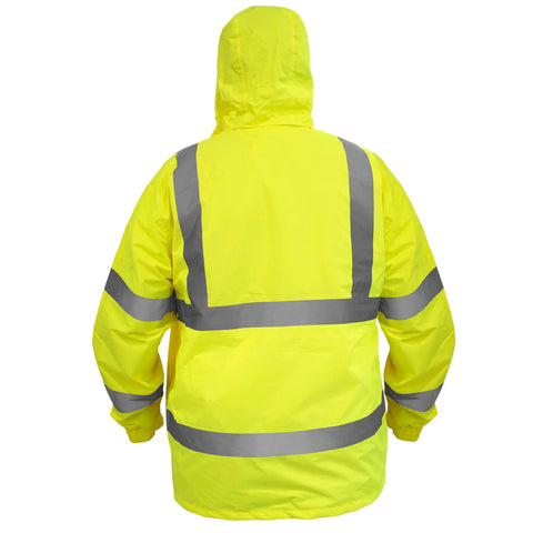 Back view of Hi Vis Waterproof Rain Jacket With Mesh Lining ANSI Class 3 Type R Lightweight Wind Resistant Safety Gear.