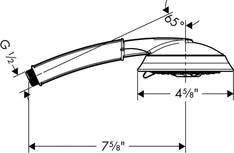 Technical drawing of 5 Inch Handheld Shower Head With Rain Air Balance Air And Whirl Air Modes, dimensions and angle shown.