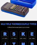 Multifunction Handheld Process Calibrator with 24 Channel Measurement and Source, showing thermocouple types, LCD display.
